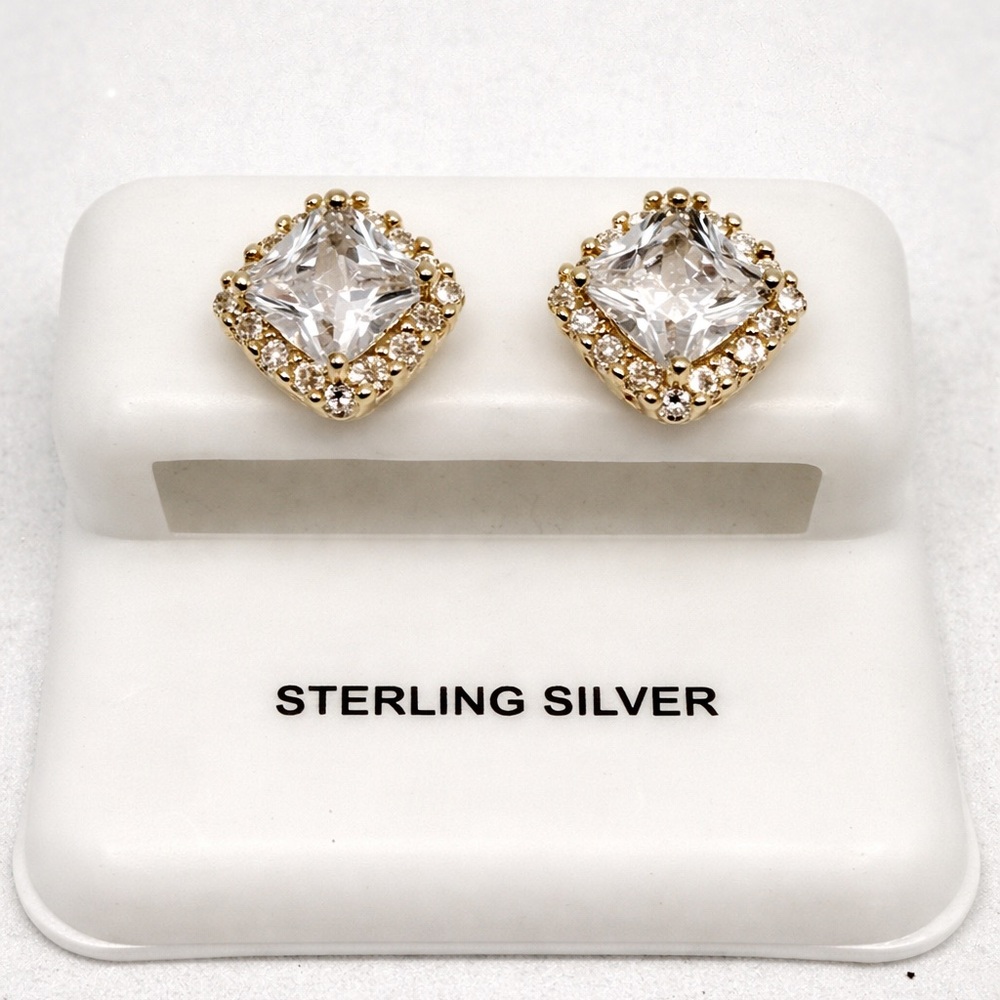 Gold Plated 925 Sterling CZ Halo Princess Cut Stud Earrings 8.9mm